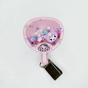 Pink Uchiwa Fan Shaker Badge Reel, Japanese Hamster Retractable Badge Reel, Japanese Character ID Badge Holder, UV Resin Badge Reel