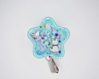 Mint Green Star Shaker Badge Reel, Star Shaped Retractable Badge Reel, Cat Themed ID Badge Holder, UV Resin Badge Reel