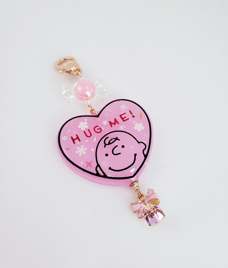 Charlie Brown Heart Shaped Purse Charm, Kawaii Cartoon Key Charm, UV Resin Charlie Brown Bag Charm image 2