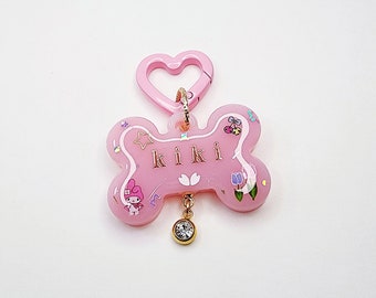 Pastel Pink Bunny Custom Dog Tag, Kawaii Characters Pet ID Tag, UV Resin Dog Tag, Personalized Dog Tag