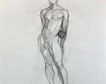 Original Colored Pencil Drawing Male Nude Man Figure Study from life - Clark 1 - 18x24 inches