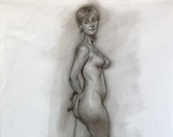 Original Charcoal Pencil Drawing Female Nude Woman Figure Study from life - Audrey 1 - 19x25 inches