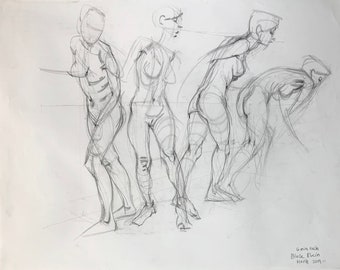 Original Charcoal Pencil Drawing Female Nude Figure Study from life - Audrey In Motion -19x25 inches