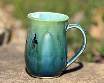 Handmade Stoneware Coffee  Mug (12 oz), in Emerald Falls Glaze. READY TO SHIP.