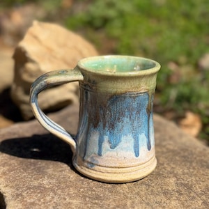 Handmade Stoneware Coffee  Mug (11 oz), in Blue Ridge Drip Glaze. READY TO SHIP.