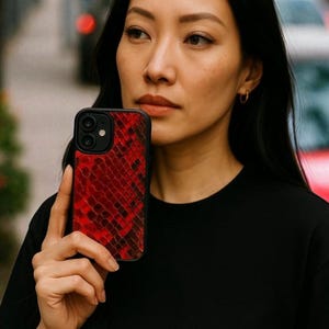 May include: A smartphone case with a red snakeskin pattern. The case has a black border and a camera cutout. The phone case is held in front of a person wearing a black t-shirt.