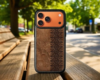 Wooden case for iPhone 17 Pro Max: leather and wood inlay - Stenk Woodbacker