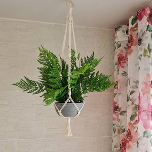 Könnte beinhalten: Ein Makramee-Pflanzenhänger mit einem grauen Topf und einer grünen Farnpflanze, die an einer weißen Decke hängt. Der Hänger ist aus natürlichem Baumwollseil gefertigt und hat unten einen Quasten.