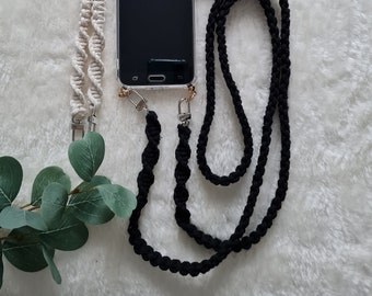 Macrame mobile phone chain black, mobile phone chain in boho look with carabiner, interchangeable bag strap