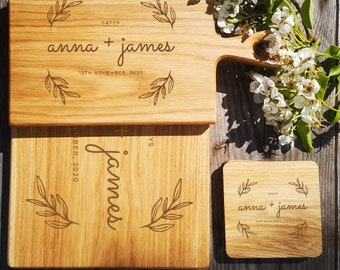 Personalised set cutting boards, Wood chopping boards and coasters, Wedding gift for new family