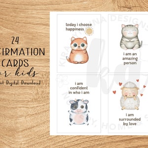 Cartões de afirmação para crianças | Desenho Animal | Cartões inspiradores positivos | Conjunto de 24 imprimíveis | Baixar PDF Digital