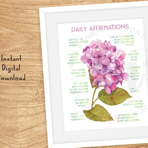 Impresión de afirmación diaria / Diseño de hortensia violeta / Inspiración positiva / Descarga digital imprimibles