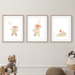 Red Baseball Nursery Art - Teddy Bears - Red Printable Nursery Art - Watercolor Rustic Animals - Kid's Sports Poster - Boy's Room Decor