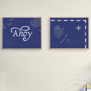 Nautical Nursery Art - Ahoy Poster Treasure Map Wall Art - Navy Blue Kid&#39;s Room Wall Art Decor - Printable Boy&#39;s Room Art Toddler Room Decor
