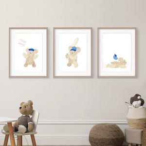 Baseball Kinderzimmer Kunst - Teddybären - Marine Blau druckbare Kinderzimmer Kunst - Aquarell rustikale Tiere - Sport Poster für Kinder - Zimmer Dekor für Jungen