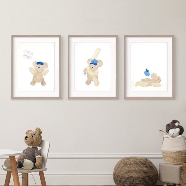 Baseball Nursery Art - Teddy Bears - Navy Blue Printable Nursery Art - Watercolor Rustic Animals - Kid's Sports Poster - Boy's Room Decor