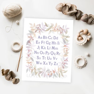 Neutral Nursery Alphabet Wall Art - ABC Printable Poster - Storybook Nursery - Hand-painted - Fairytale Baby’s Room Decor Lavender Wall Art