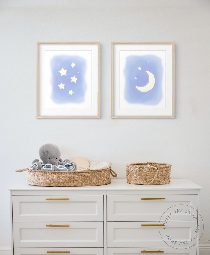 Moon and Stars Night Sky Printable Nursery Art - Kid's Room Decor ...