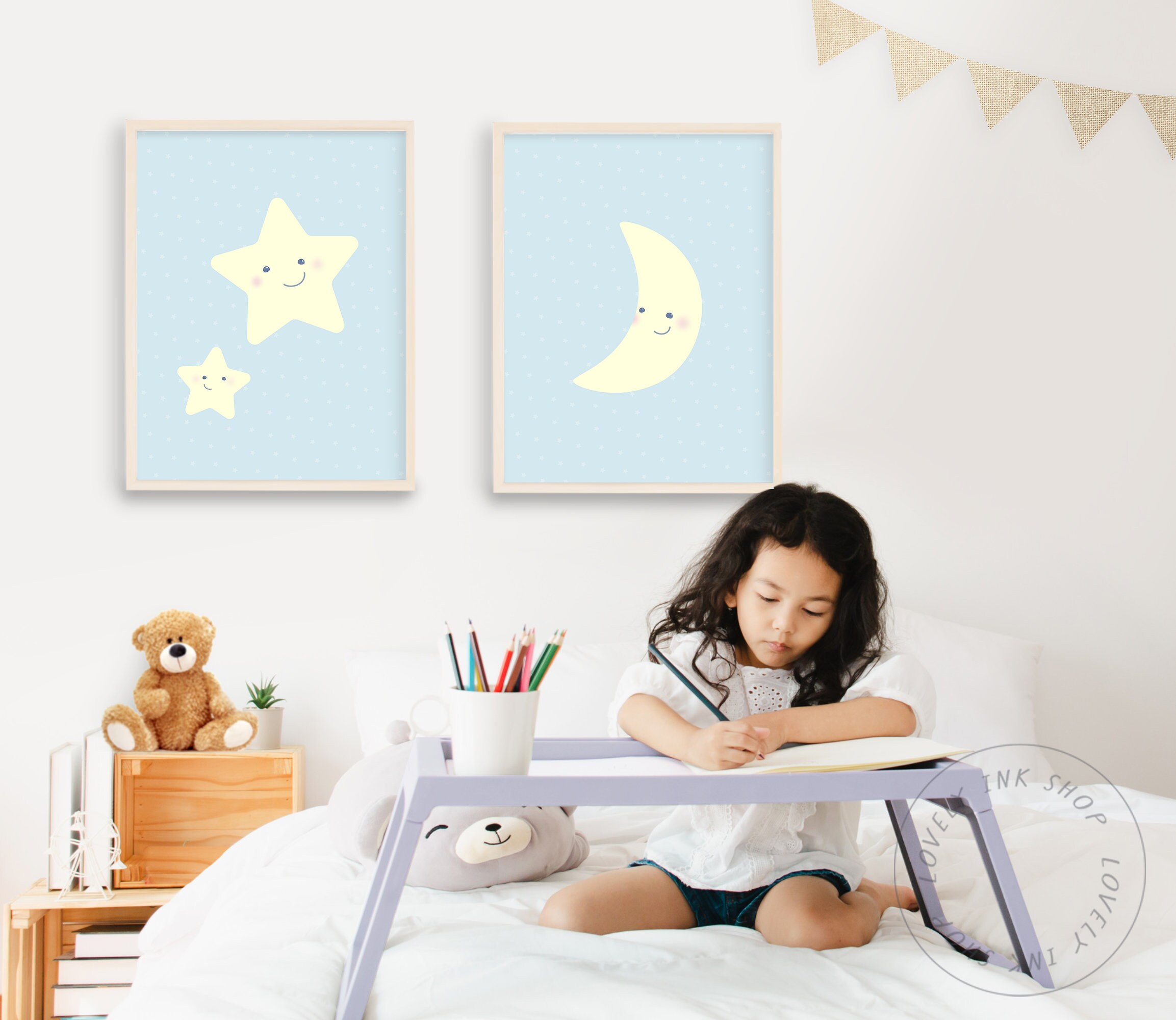 Happy Stars and Moon Nursery Art – Kid's Room Decor (digital Download ...
