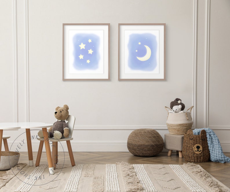 Moon and Stars Night Sky Printable Nursery Art - Kid's Room Decor ...