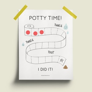 May include: A white potty training chart with the words "POTTY TIME!" at the top. The chart features a toilet paper roll design with spaces labeled "TINKLE," "TOOT," and "I DID IT!" with illustrations of water droplets, a star, and a poop emoji.