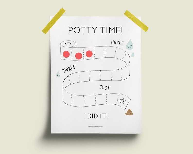May include: A white potty training chart with the words "POTTY TIME!" at the top. The chart features a toilet paper roll design with spaces labeled "TINKLE," "TOOT," and "I DID IT!" with illustrations of water droplets, a star, and a poop emoji.