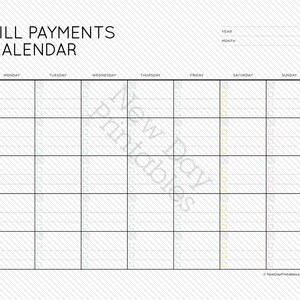 Op de afbeelding: Een printbare kalender voor het betalen van rekeningen met een zwart-wit gestreepte achtergrond. De kalender is verdeeld in zeven kolommen voor elke dag van de week, met rijen voor elke week van de maand. Er zijn lege vakjes om betalingen van rekeningen in te schrijven en een ruimte bovenaan om het jaar en de maand in te schrijven.