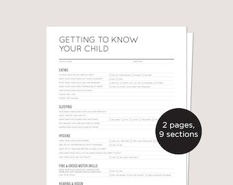 Getting To Know Your Child Form for your home daycare. Instant download. Printable.