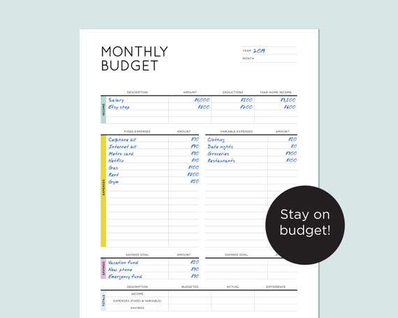 monthly budget track income fixed and variable expenses and savings printable instant download budget tracking form