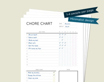 Family Chore Chart: Track daily and weekly chores for each person. Multiple versions included. Instant download. Printable.