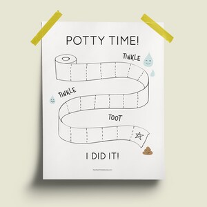 May include: A white potty training chart with the words "Potty Time!" at the top. The chart features a toilet paper roll design with the words "Tinkle," "Toot," and "I Did It!" printed on it. The chart is taped to a wall with yellow tape.