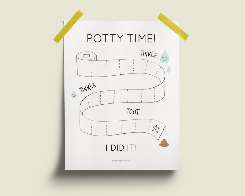 May include: A white potty training chart with the words "Potty Time!" at the top. The chart features a toilet paper roll design with the words "Tinkle," "Toot," and "I Did It!" printed on it. The chart is taped to a wall with yellow tape.