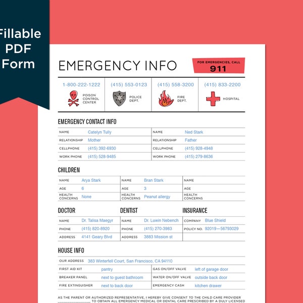 Emergency Contact Info Sheet: Contact information for Nanny, Babysitter. Instant download. Printable. Fillable PDF form.