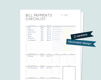Controlelijst voor factuurbetalingen (2 versies) voor maandelijkse, driemaandelijkse, halfjaarlijkse en jaarlijkse facturen. Afdrukbare onmiddellijke download.