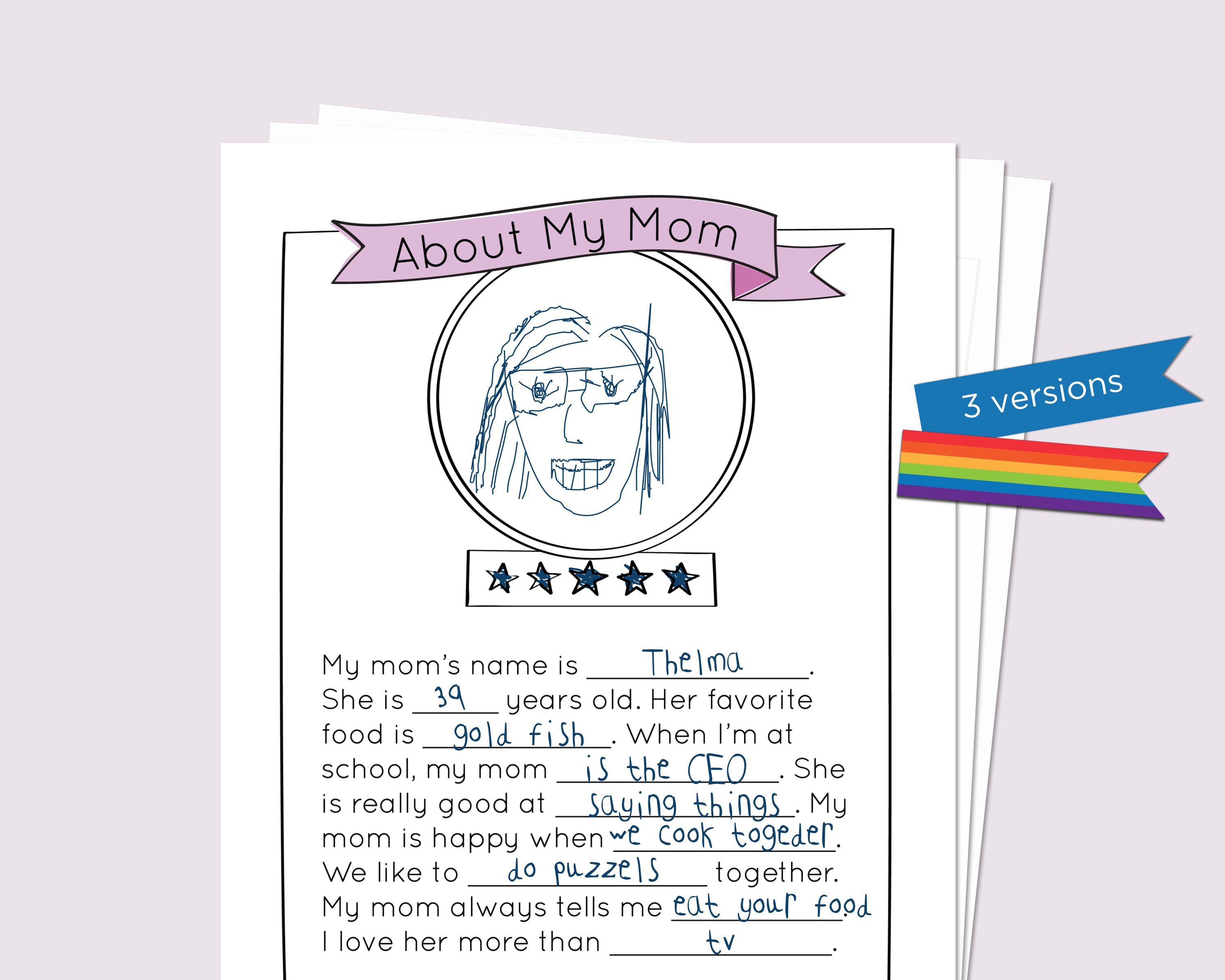 About My Mom: Mother's Day mad libs activity printable for kids, toddlers. Instant download. Alternative Mother's Day Card. LGBT.