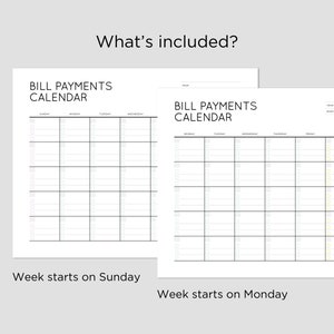 Op de afbeelding: Twee printbare rekeningenbetalingkalenders, een met een week die op zondag begint en de andere met een week die op maandag begint. Beide kalenders hebben lege vakjes voor elke dag van de maand.
