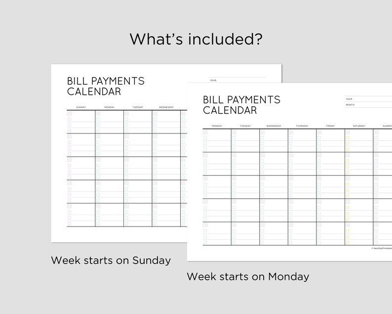 Op de afbeelding: Twee printbare rekeningenbetalingkalenders, een met een week die op zondag begint en de andere met een week die op maandag begint. Beide kalenders hebben lege vakjes voor elke dag van de maand.