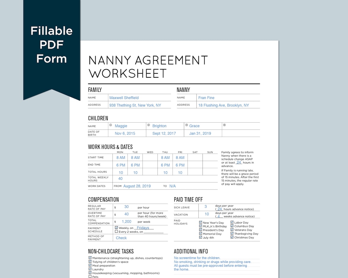 Nanny Agreement Worksheet: Nanny Contract Worksheet. Fillable - Etsy