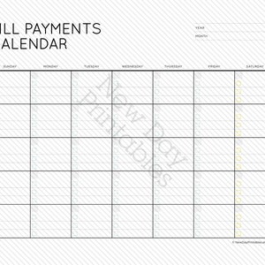 Op de afbeelding: Een printbare kalender voor het betalen van rekeningen met een rasterindeling. De kalender heeft ruimte voor elke dag van de week, van zondag tot en met zaterdag, en bevat regels om betalingen van rekeningen in te vullen. De kalender heeft een sectie bovenaan voor het jaar en de maand.