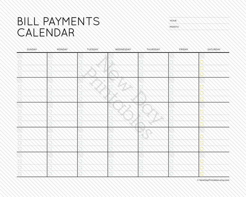 Op de afbeelding: Een printbare kalender voor het betalen van rekeningen met een rasterindeling. De kalender heeft ruimte voor elke dag van de week, van zondag tot en met zaterdag, en bevat regels om betalingen van rekeningen in te vullen. De kalender heeft een sectie bovenaan voor het jaar en de maand.