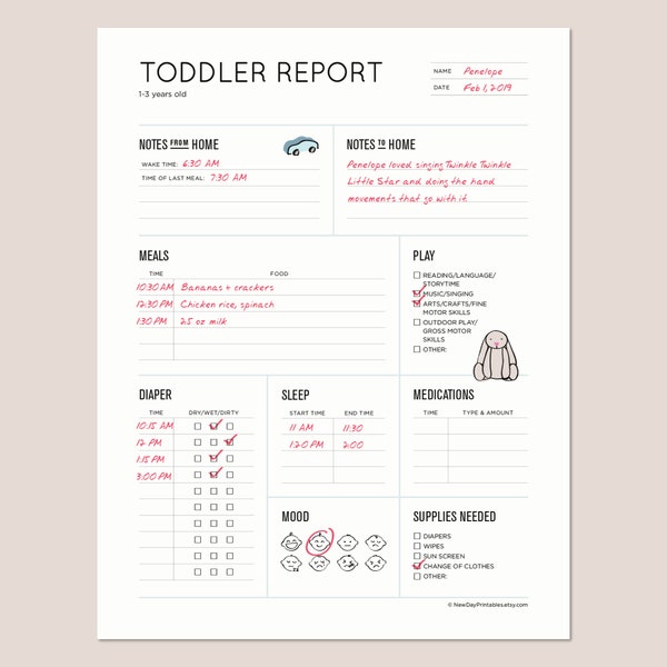 Toddler Report: Daily toddler schedule for Nanny, Daycare, In-home Preschool, Babysitter. Printable