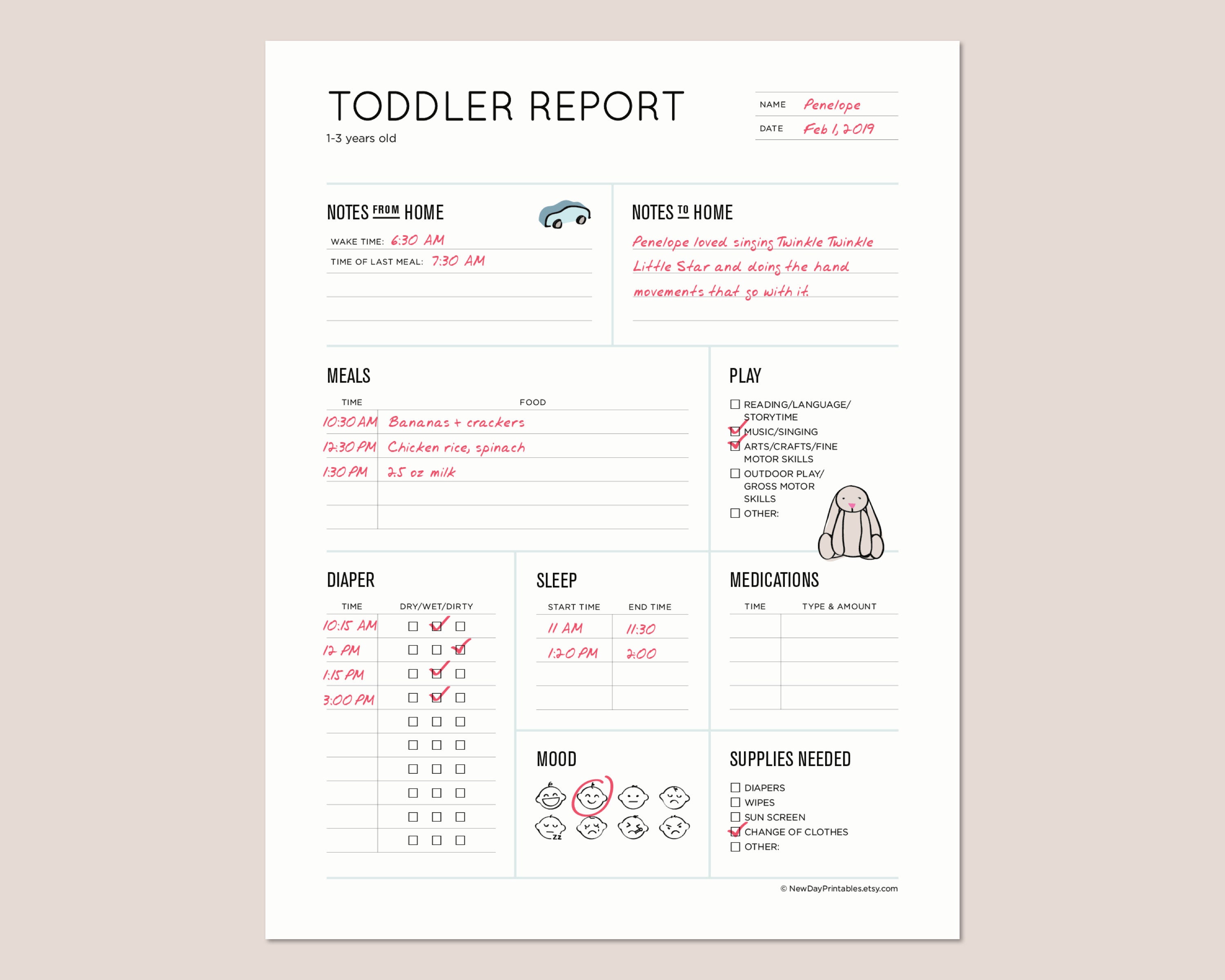 Toddler Report: Daily toddler schedule for Nanny, Daycare, In-home Preschool, Babysitter. Printable
