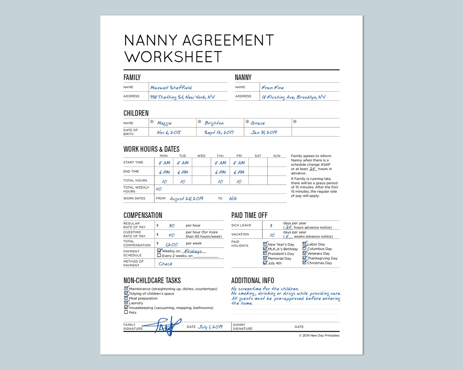 Nanny Agreement Worksheet: Nanny Contract Worksheet. Fillable - Etsy