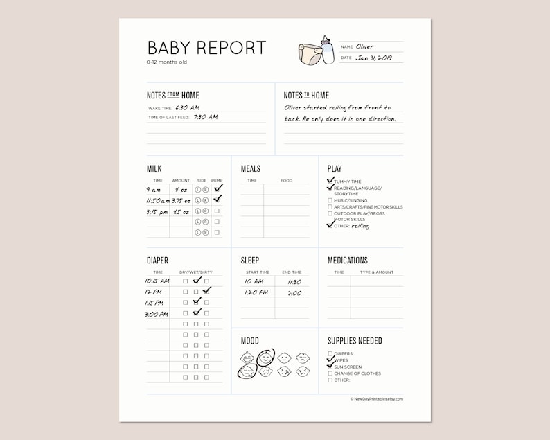 Baby Report: Daily Baby Tracker for Nanny Daycare In-home - Etsy