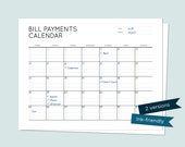 Bill Payments Calendar. Sunday or Monday start date (2 versions). Printable instant download.