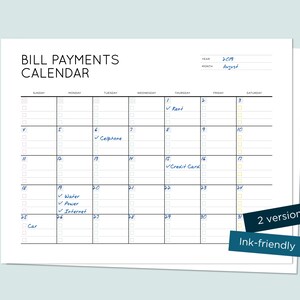 Bill Payments Calendar. Sunday or Monday start date (2 versions). Printable instant download.
