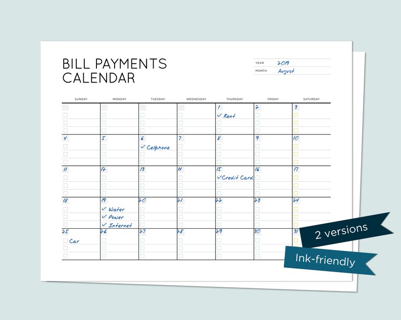Op de afbeelding: Een printbare kalender voor het betalen van rekeningen voor de maand augustus 2019. De kalender heeft een rasterindeling met elke dag van de maand vermeld. Er zijn vinkjes naast elke dag om betaalde rekeningen af te vinken. De kalender bevat ook een lijst met rekeningen die moeten worden betaald, zoals huur, mobiele telefoon, creditcard, water, elektriciteit, internet en auto.