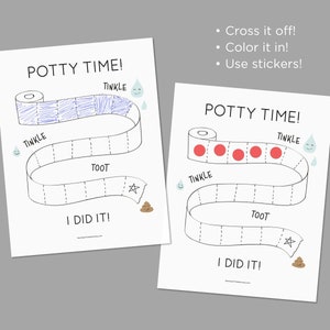 May include: Two white potty training charts with the text "POTTY TIME!" and "I DID IT!". One chart is filled in with blue scribbles, the other with red circles. The charts include illustrations of a roll of toilet paper, water droplets, and a star.