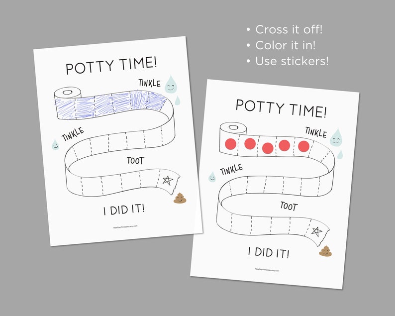 May include: Two white potty training charts with the text "POTTY TIME!" and "I DID IT!". One chart is filled in with blue scribbles, the other with red circles. The charts include illustrations of a roll of toilet paper, water droplets, and a star.