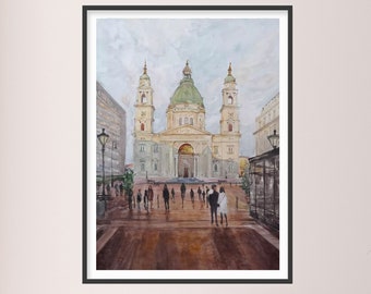 Large watercolor architecture painting, Original architecture watercolor painting, City landscape painting